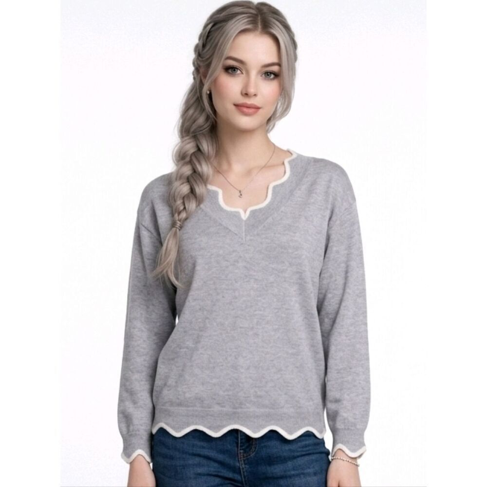Misslook Marbled Gray And White Scalloped V-neck Wool Sweater Size M